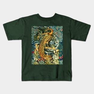 GREENERY, FOREST ANIMALS ,PEACOCK WITH ACANTHUS LEAVES Blue Green Floral Kids T-Shirt